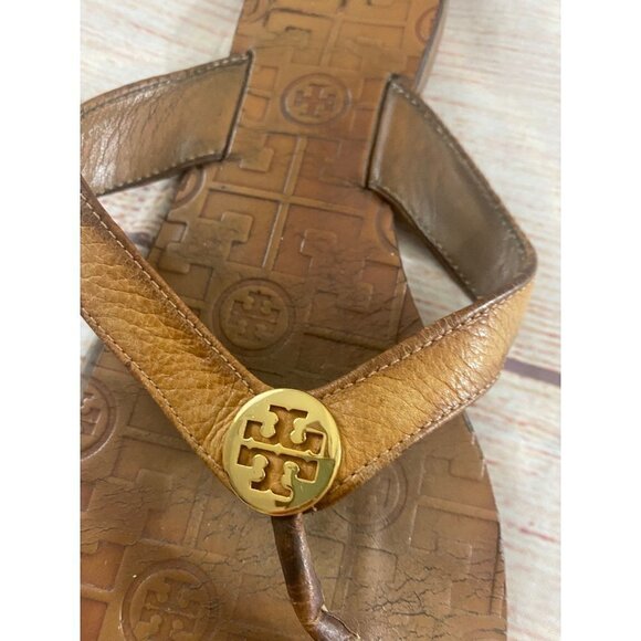 Tory Burch Thora Monogrammed Brown Leather Sandals - 9 - Picture 5 of 11